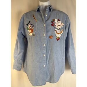 Vintage Whitefish Bay Halloween Embroidered Ghost Chambray Shirt Womens Small‎